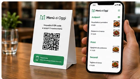 Il menù digitale Menù di Oggi aperto su smartphone accanto a un QR code da tavolo