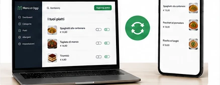 Pannello di gestione e smartphone che mostrano l'aggiornamento immediato del menù